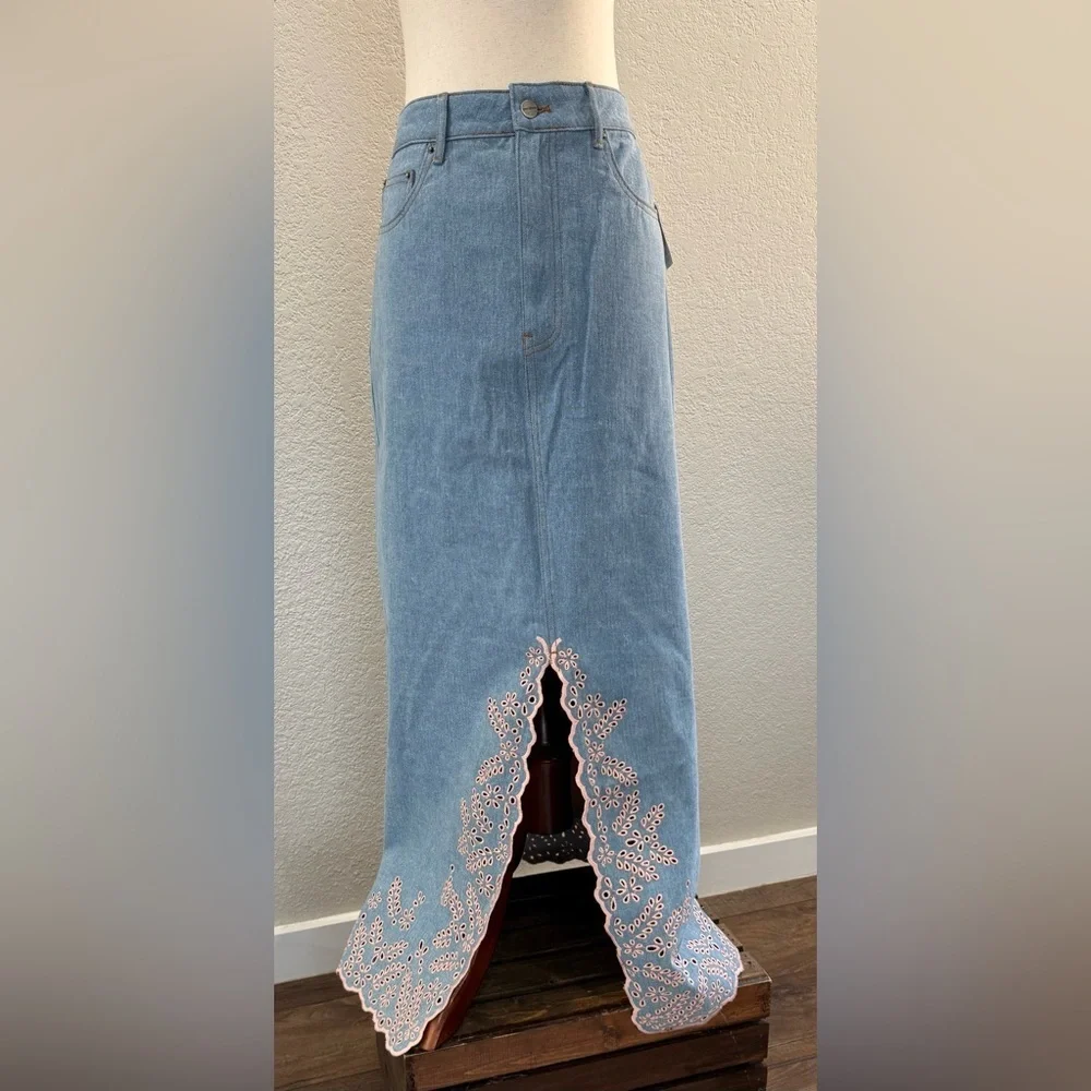 Driftwood Serena Embroidered Denim Maxi Skirt - Pink Promise